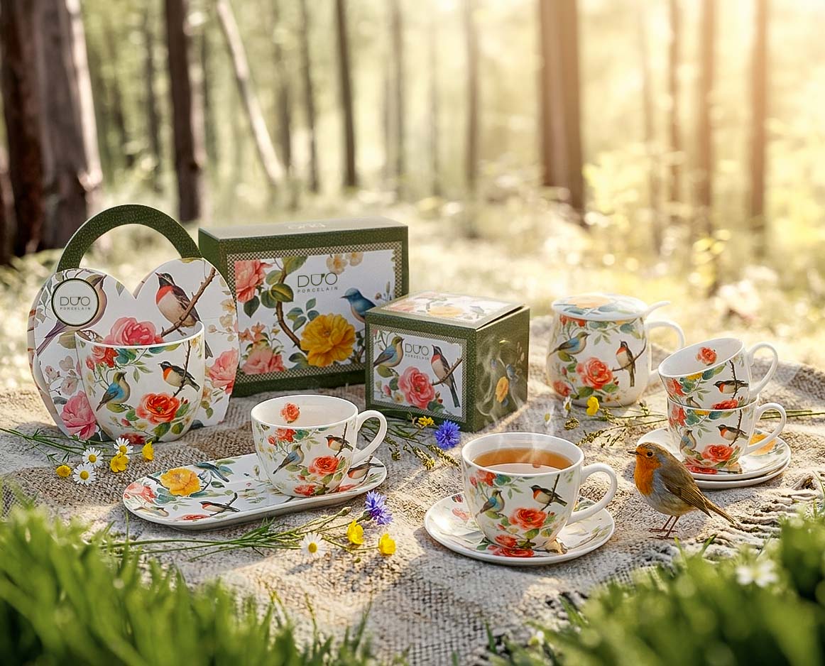 DUO Fassbecher Tee-Tasse Barrel April mit Deckel & Sieb (430 ml) Vögel