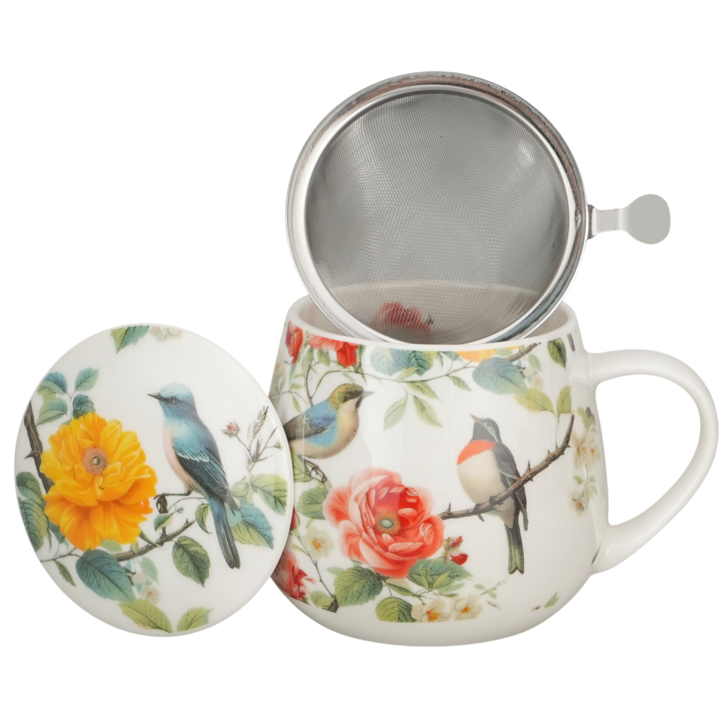 DUO Fassbecher Tee-Tasse Barrel April mit Deckel & Sieb (430 ml) Vögel