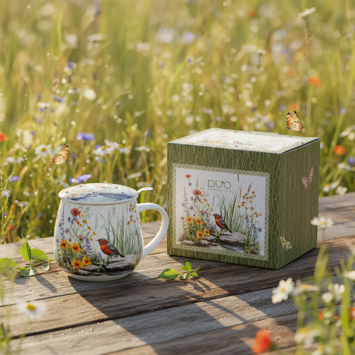 DUO Faßbecher Tasse Juli mit Deckel & Sieb Rotkehlchen & Wildblumen