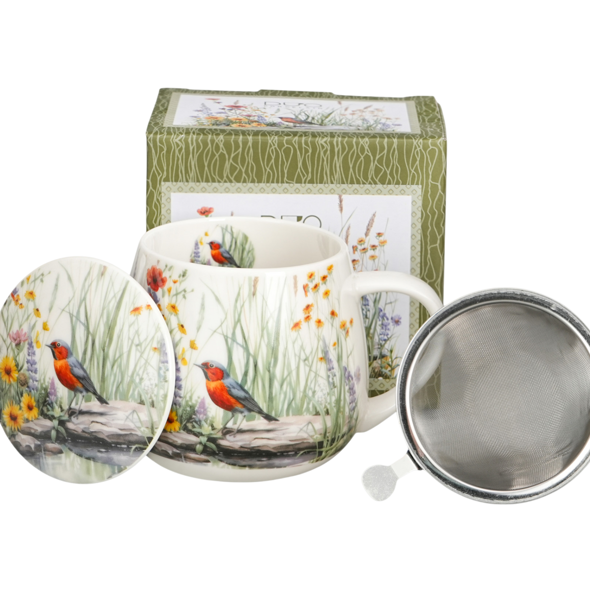 DUO Faßbecher Tasse Juli mit Deckel & Sieb Rotkehlchen & Wildblumen