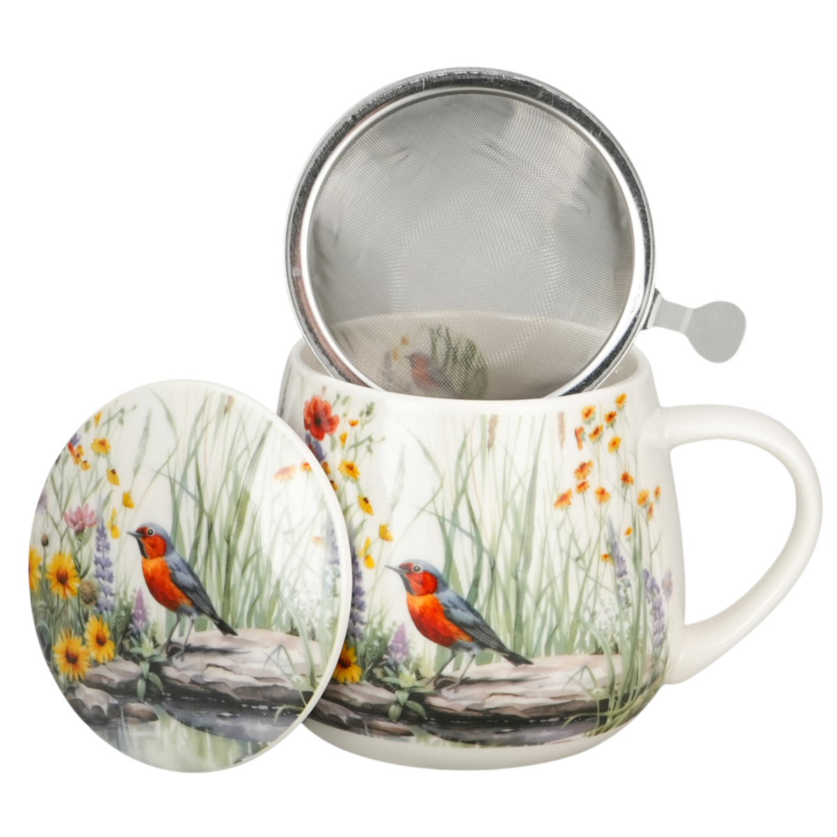 DUO Faßbecher Tasse Juli mit Deckel & Sieb Rotkehlchen & Wildblumen