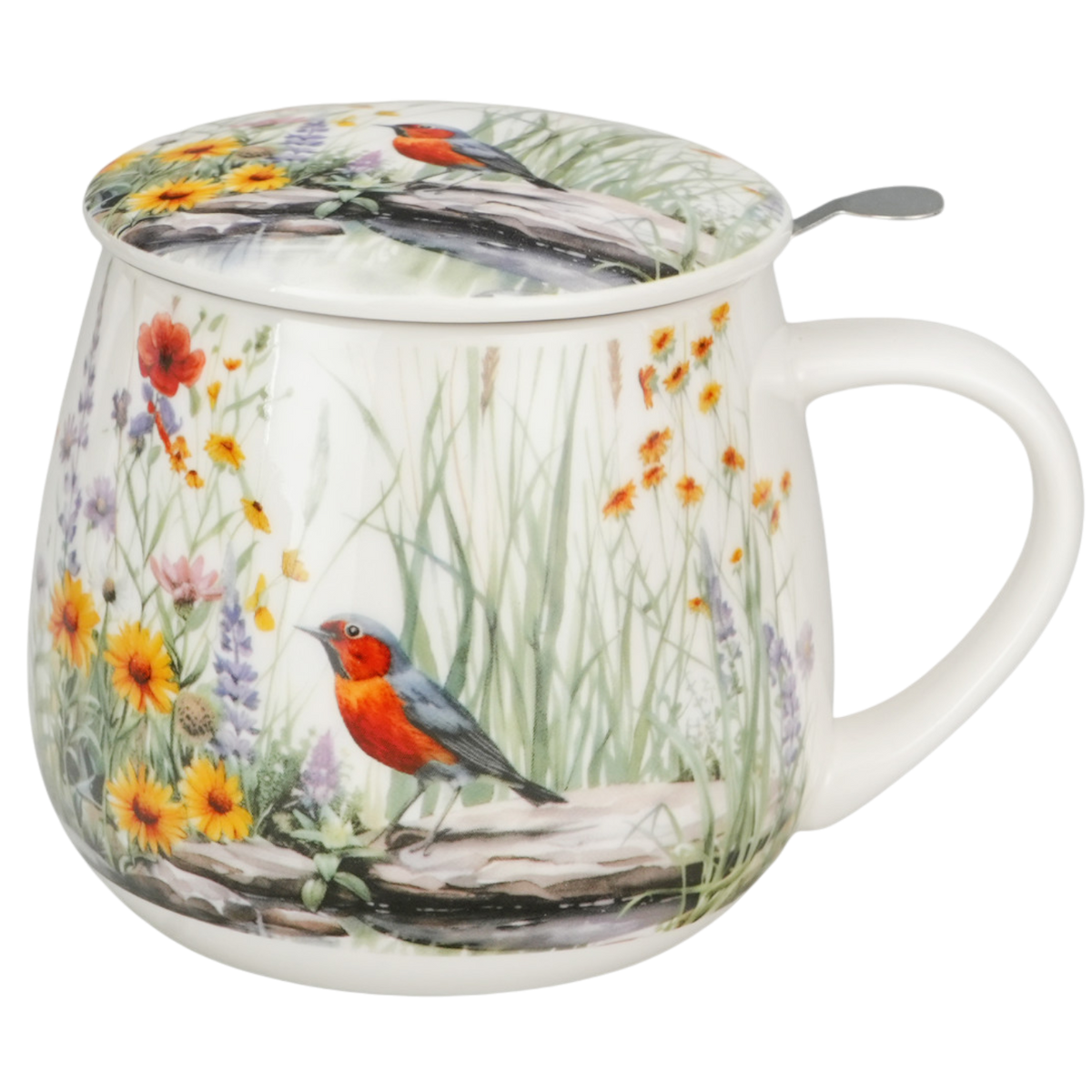 DUO Faßbecher Tasse Juli mit Deckel & Sieb Rotkehlchen & Wildblumen