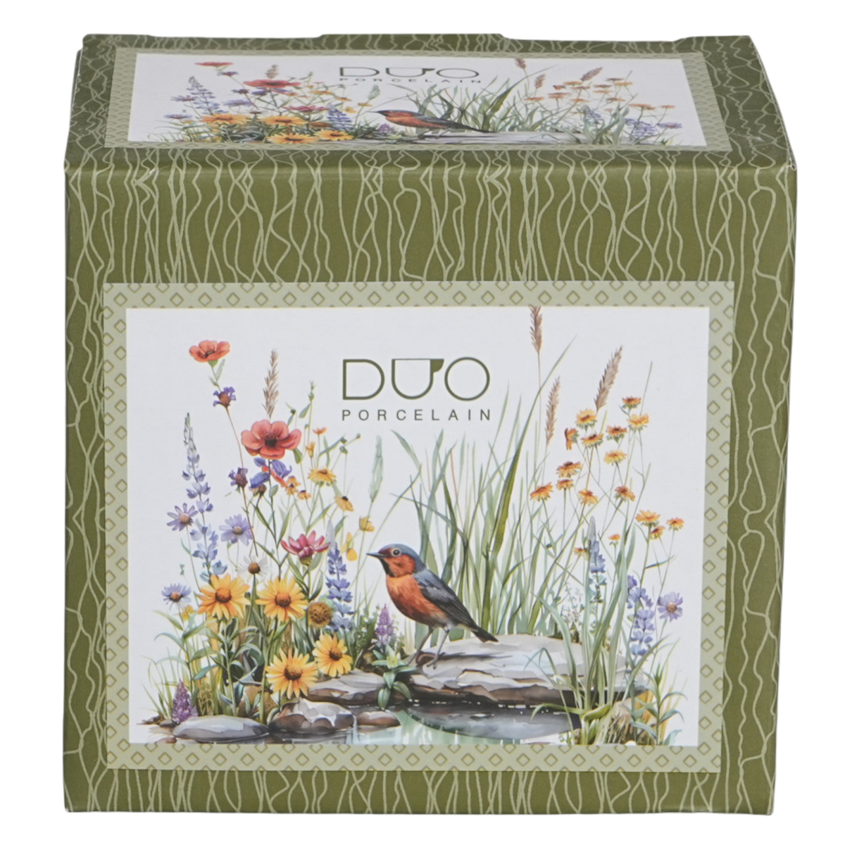 DUO Faßbecher Tasse Juli mit Deckel & Sieb Rotkehlchen & Wildblumen