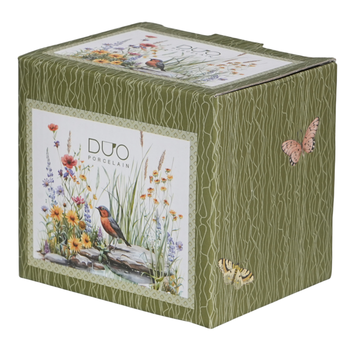 DUO Faßbecher Tasse Juli mit Deckel & Sieb Rotkehlchen & Wildblumen